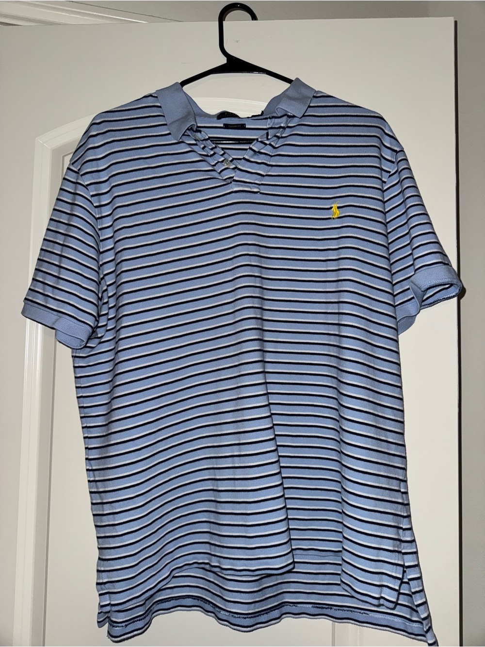 Polo by Ralph Lauren Light Blue and Navy Striped Polo with Yellow Logo